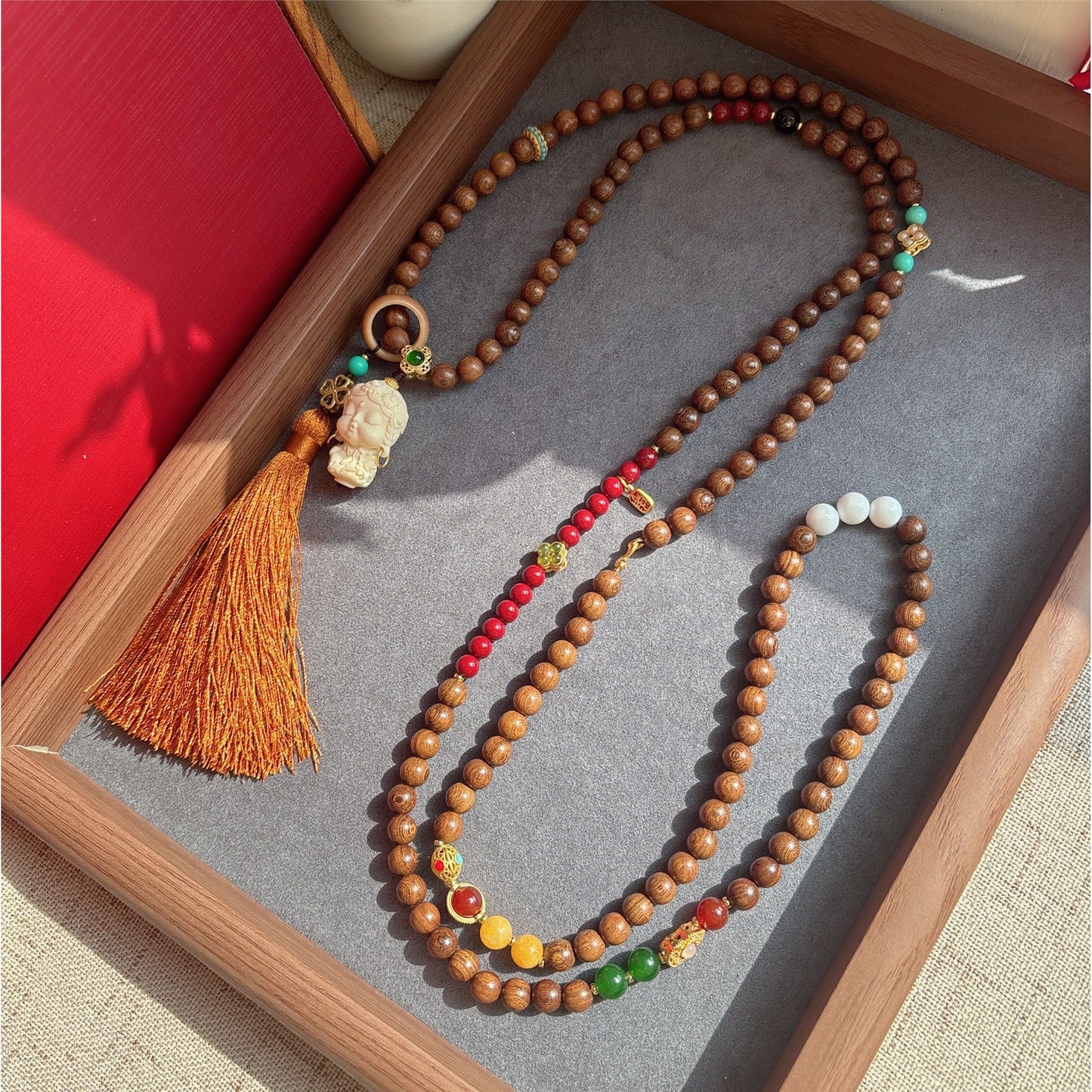 Sandalwood Bodhi Mala Necklace – Long Sweater Chain or Multi-Wrap Bracelet for Meditation & Layered Styling