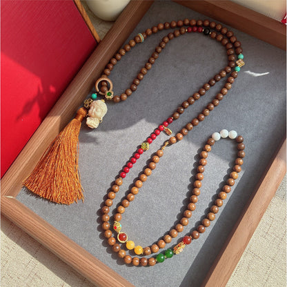 Sandalwood Bodhi Mala Necklace – Long Sweater Chain or Multi-Wrap Bracelet for Meditation & Layered Styling