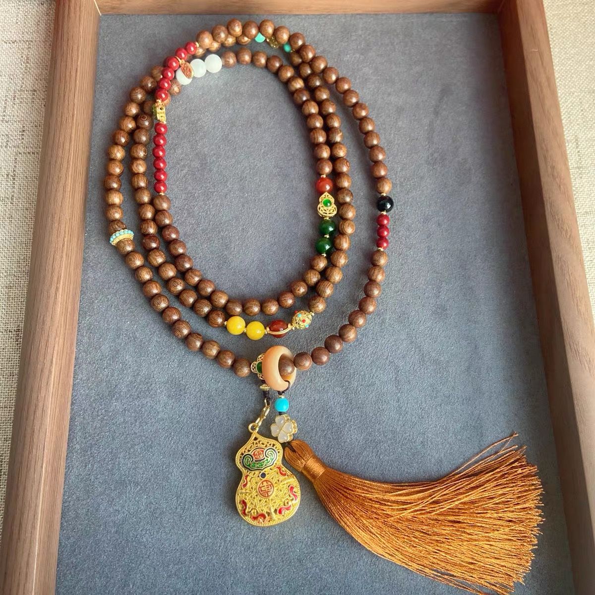 Sandalwood Bodhi Mala Necklace – Long Sweater Chain or Multi-Wrap Bracelet for Meditation & Layered Styling