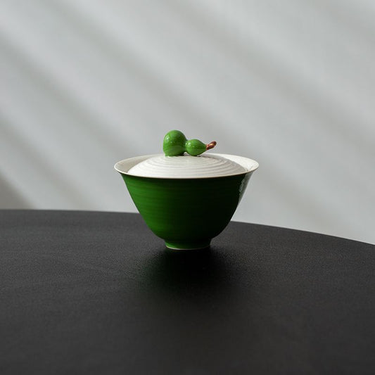 Ash Glaze Green Gourd Gaiwan – 130ml Ceramic Gongfu Tea Bowl with Lid