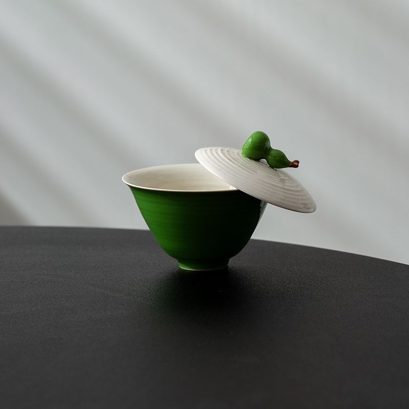 Ash Glaze Green Gourd Gaiwan – 130ml Ceramic Gongfu Tea Bowl with Lid