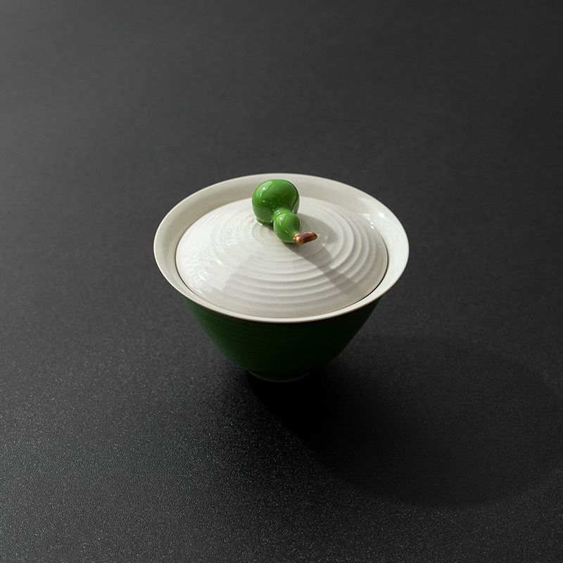 Ash Glaze Green Gourd Gaiwan – 130ml Ceramic Gongfu Tea Bowl with Lid