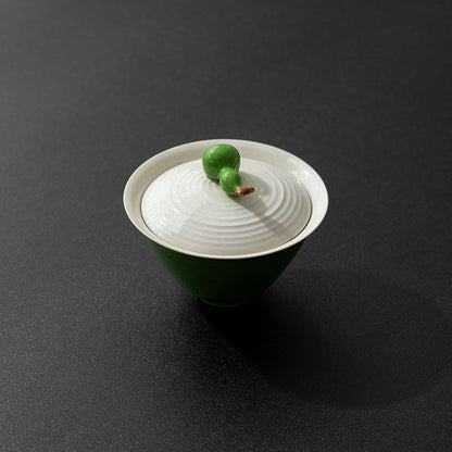 Ash Glaze Green Gourd Gaiwan – 130ml Ceramic Gongfu Tea Bowl with Lid