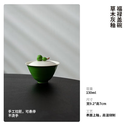 Ash Glaze Green Gourd Gaiwan – 130ml Ceramic Gongfu Tea Bowl with Lid