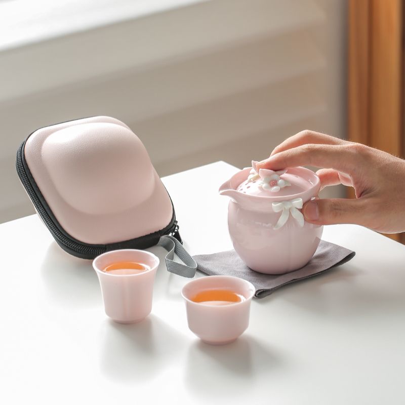 Handcrafted Floral Ceramic Portable Tea Set – Teapot, Tall Cup & Short Cup with Carry Bag