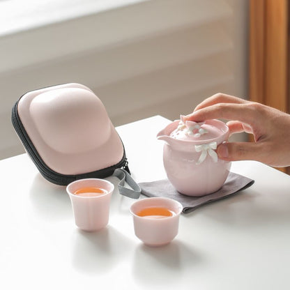 Handcrafted Floral Ceramic Portable Tea Set – Teapot, Tall Cup & Short Cup with Carry Bag