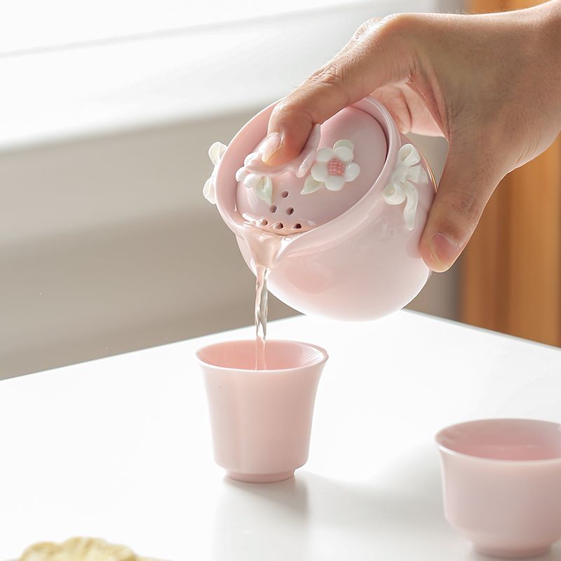 Handcrafted Floral Ceramic Portable Tea Set – Teapot, Tall Cup & Short Cup with Carry Bag