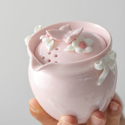 Handcrafted Floral Ceramic Portable Tea Set – Teapot, Tall Cup & Short Cup with Carry Bag
