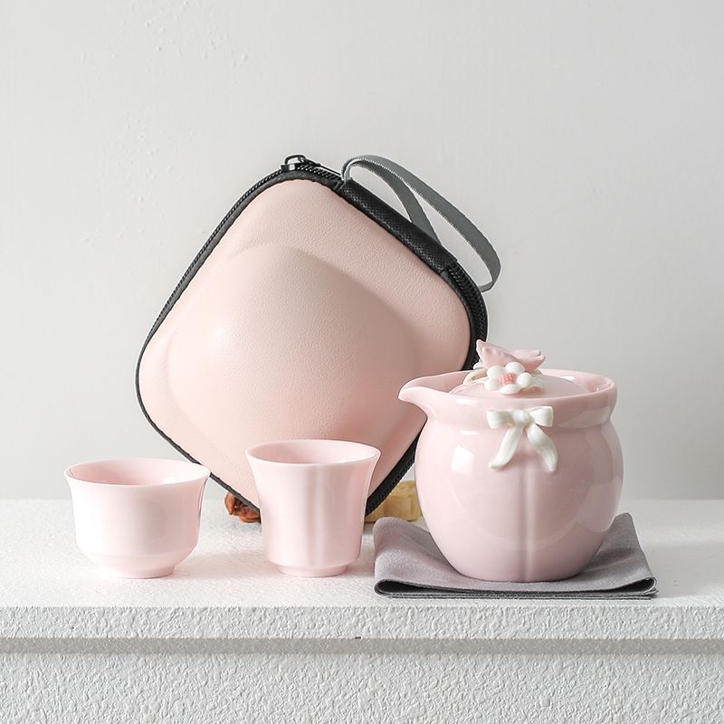 Handcrafted Floral Ceramic Portable Tea Set – Teapot, Tall Cup & Short Cup with Carry Bag
