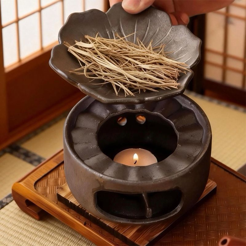 Tea Roasting & Incense Burner Set — Ceramic Dry-Heat Tea Warmer with Lotus Dish