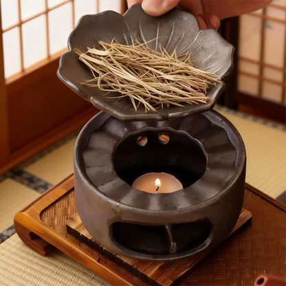Tea Roasting & Incense Burner Set — Ceramic Dry-Heat Tea Warmer with Lotus Dish