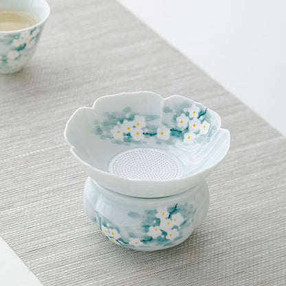 Hand-Painted Orchid Ceramic Tea Strainer Set | Gongfu Tea Accessory