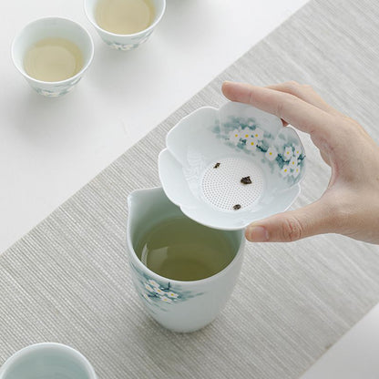 Hand-Painted Orchid Ceramic Tea Strainer Set | Gongfu Tea Accessory
