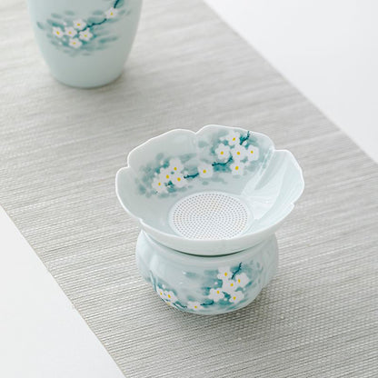 Hand-Painted Orchid Ceramic Tea Strainer Set | Gongfu Tea Accessory