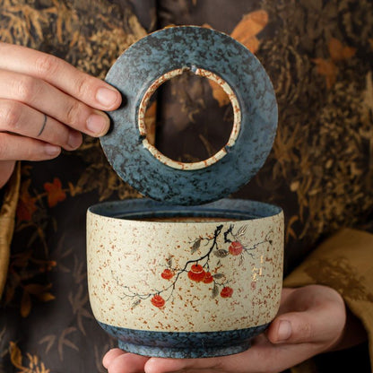 Blue & White Flint-Red Lidded Ceramic Ashtray | Jianshui Pottery | 500 ml
