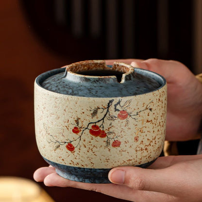 Blue & White Flint-Red Lidded Ceramic Ashtray | Jianshui Pottery | 500 ml
