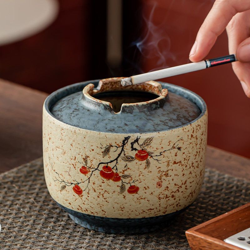Blue & White Flint-Red Lidded Ceramic Ashtray | Jianshui Pottery | 500 ml
