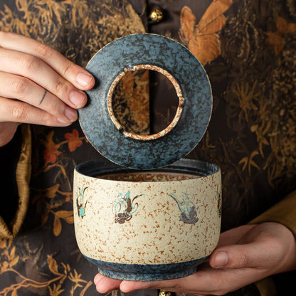 Dunhuang Flying Apsaras Lidded Ceramic Ashtray | Blue & White Flint-Red Jianshui Pottery | 500 ml