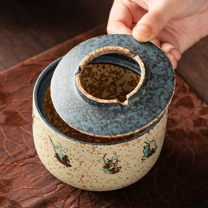 Dunhuang Flying Apsaras Lidded Ceramic Ashtray | Blue & White Flint-Red Jianshui Pottery | 500 ml