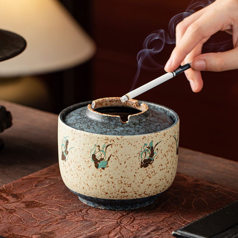 Dunhuang Flying Apsaras Lidded Ceramic Ashtray | Blue & White Flint-Red Jianshui Pottery | 500 ml