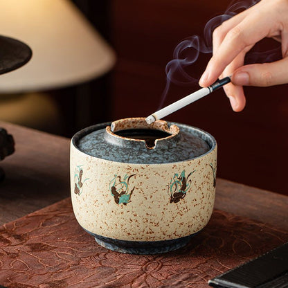 Dunhuang Flying Apsaras Lidded Ceramic Ashtray | Blue & White Flint-Red Jianshui Pottery | 500 ml