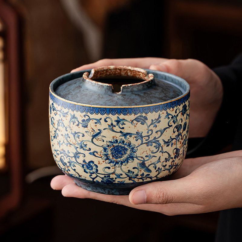 Scrolling Lotus Lidded Ceramic Ashtray | Blue & White Flint-Red Jianshui Pottery | 500 ml