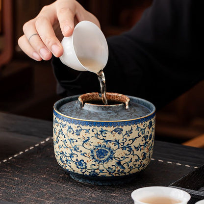 Scrolling Lotus Lidded Ceramic Ashtray | Blue & White Flint-Red Jianshui Pottery | 500 ml
