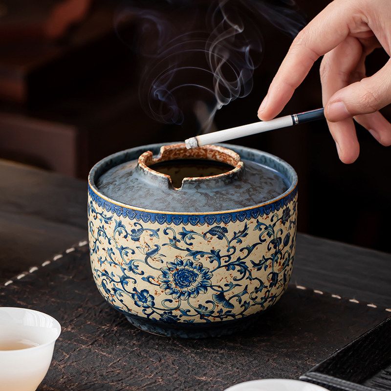 Scrolling Lotus Lidded Ceramic Ashtray | Blue & White Flint-Red Jianshui Pottery | 500 ml