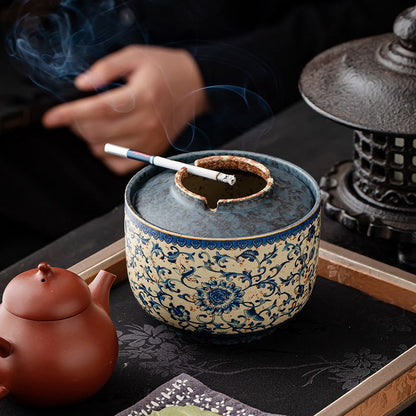 Scrolling Lotus Lidded Ceramic Ashtray | Blue & White Flint-Red Jianshui Pottery | 500 ml