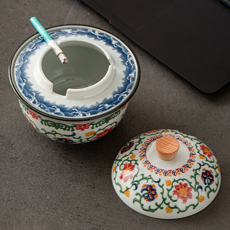 Blue & White Porcelain Lidded Ashtray | Ash-Proof Design | 350 ml