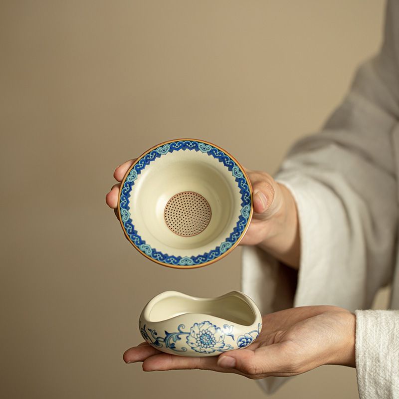 Song-Style Ru Ware Tea Strainer Set | Scrolling Lotus | Yellow & Cloud Glaze