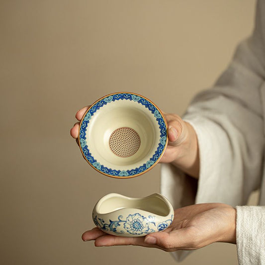 Song-Style Ru Ware Tea Strainer Set | Scrolling Lotus | Yellow & Cloud Glaze