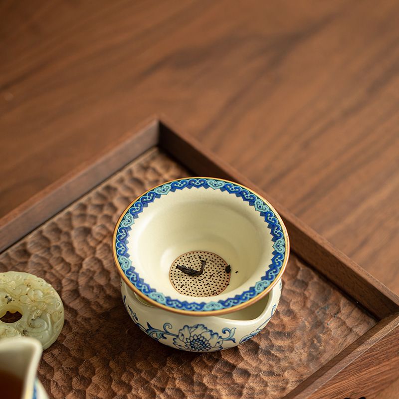 Song-Style Ru Ware Tea Strainer Set | Scrolling Lotus | Yellow & Cloud Glaze