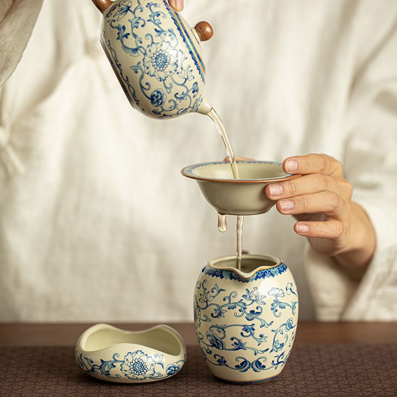 Song-Style Ru Ware Tea Strainer Set | Scrolling Lotus | Yellow & Cloud Glaze