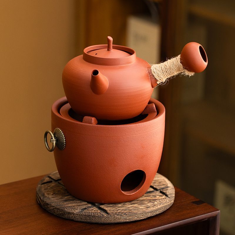 Red Clay Charcoal Tea Stove Set | Traditional Gongfu Sha Tiao Pot with Charcoal Brazier & Wooden Stand