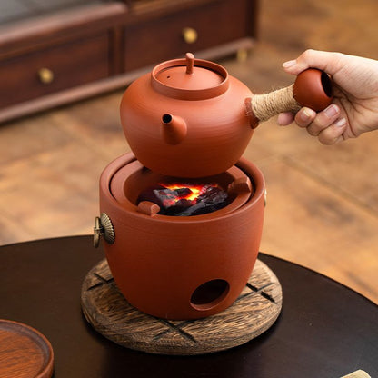 Red Clay Charcoal Tea Stove Set | Traditional Gongfu Sha Tiao Pot with Charcoal Brazier & Wooden Stand