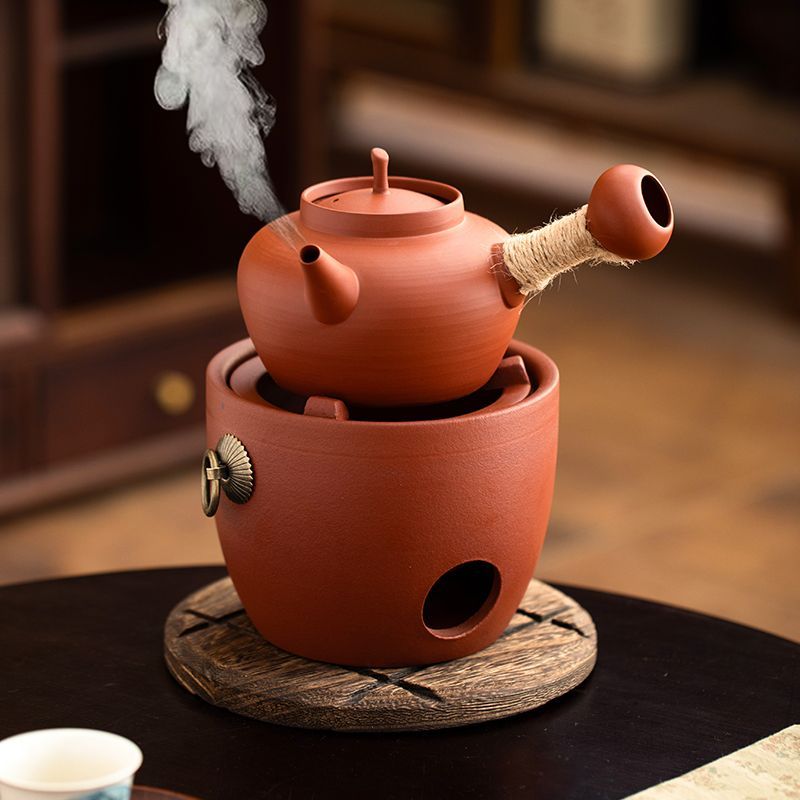 Red Clay Charcoal Tea Stove Set | Traditional Gongfu Sha Tiao Pot with Charcoal Brazier & Wooden Stand