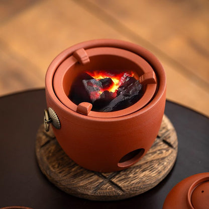 Red Clay Charcoal Tea Stove Set | Traditional Gongfu Sha Tiao Pot with Charcoal Brazier & Wooden Stand