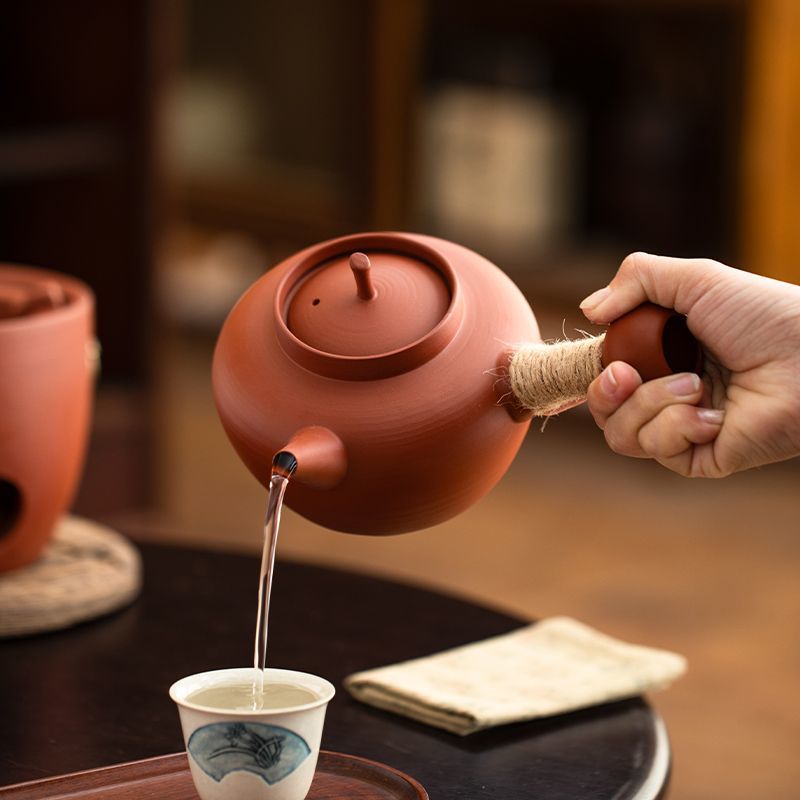 Red Clay Charcoal Tea Stove Set | Traditional Gongfu Sha Tiao Pot with Charcoal Brazier & Wooden Stand