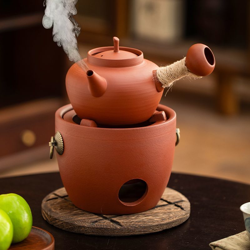 Red Clay Charcoal Tea Stove Set | Traditional Gongfu Sha Tiao Pot with Charcoal Brazier & Wooden Stand