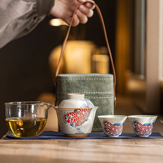 Ash Glaze Golden Arowana Travel Tea Set | Portable Gongfu Tea Kit