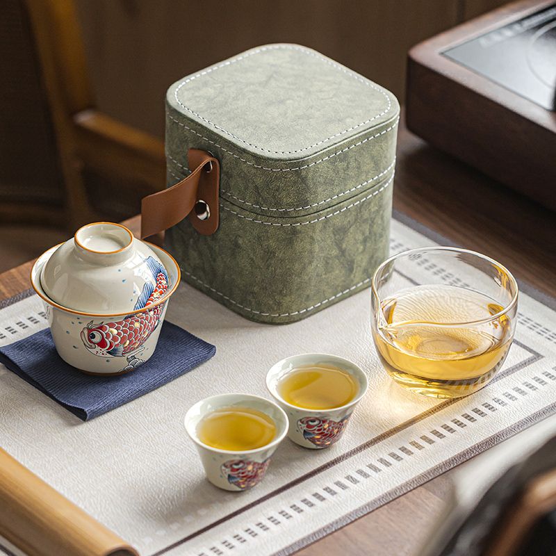 Ash Glaze Golden Arowana Travel Tea Set | Portable Gongfu Tea Kit