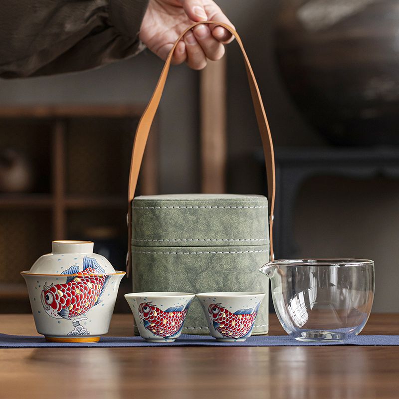 Ash Glaze Golden Arowana Travel Tea Set | Portable Gongfu Tea Kit