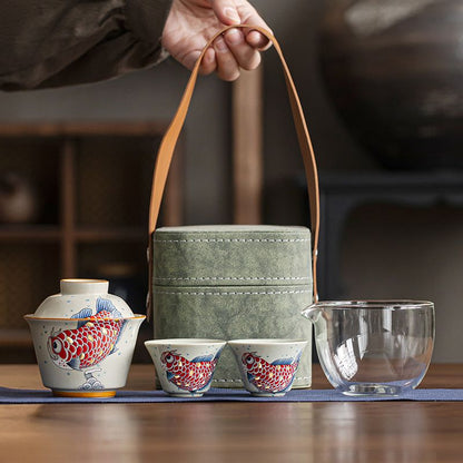 Ash Glaze Golden Arowana Travel Tea Set | Portable Gongfu Tea Kit