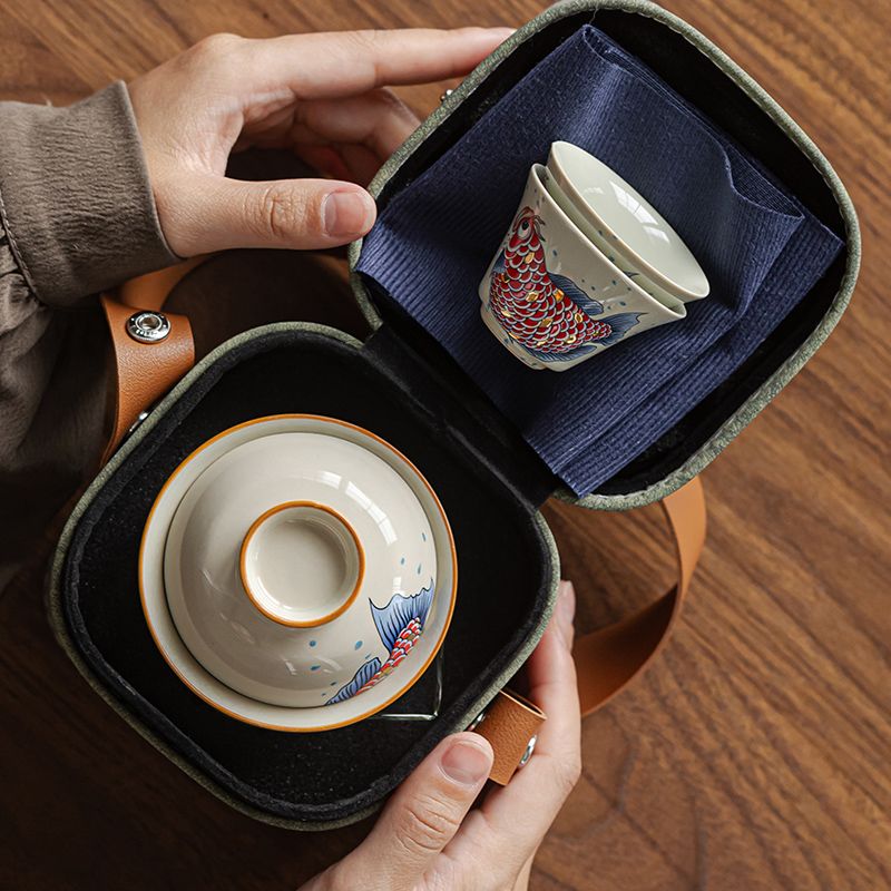 Ash Glaze Golden Arowana Travel Tea Set | Portable Gongfu Tea Kit