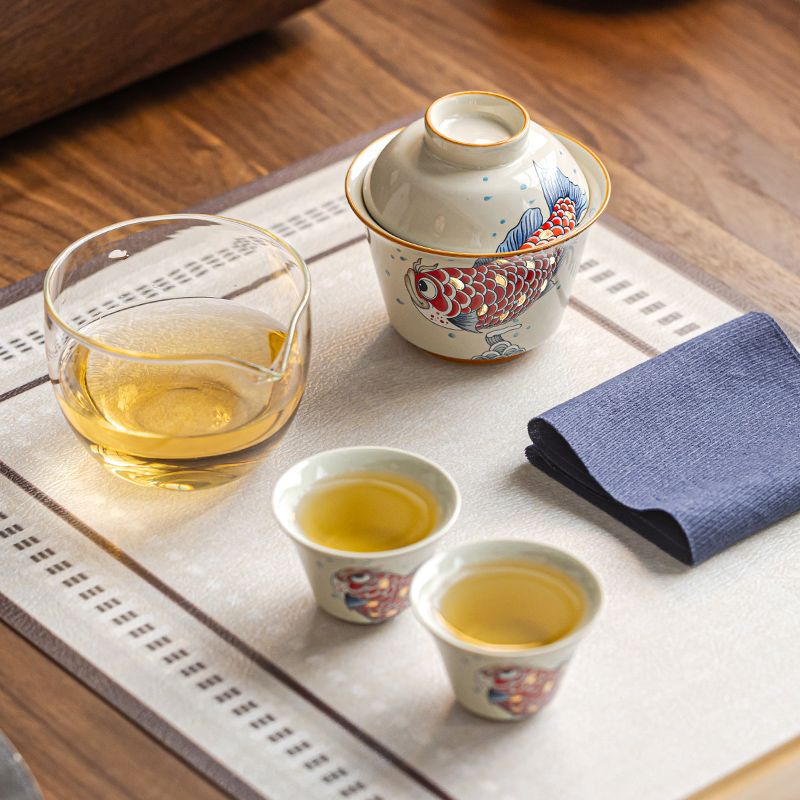 Ash Glaze Golden Arowana Travel Tea Set | Portable Gongfu Tea Kit