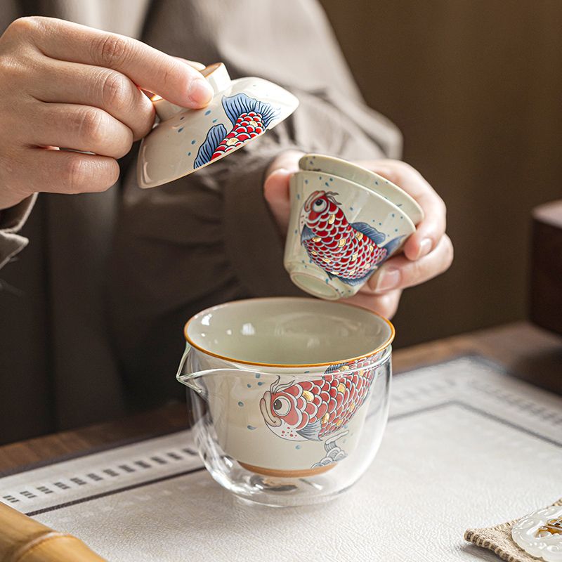 Ash Glaze Golden Arowana Travel Tea Set | Portable Gongfu Tea Kit