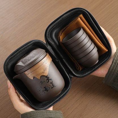 Raw Zisha Clay Travel Tea Set – “Tian Dao Chou Qin” Calligraphy | Teapot & 6 Cups