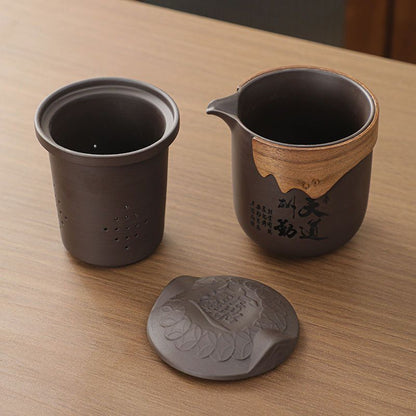 Raw Zisha Clay Travel Tea Set – “Tian Dao Chou Qin” Calligraphy | Teapot & 6 Cups