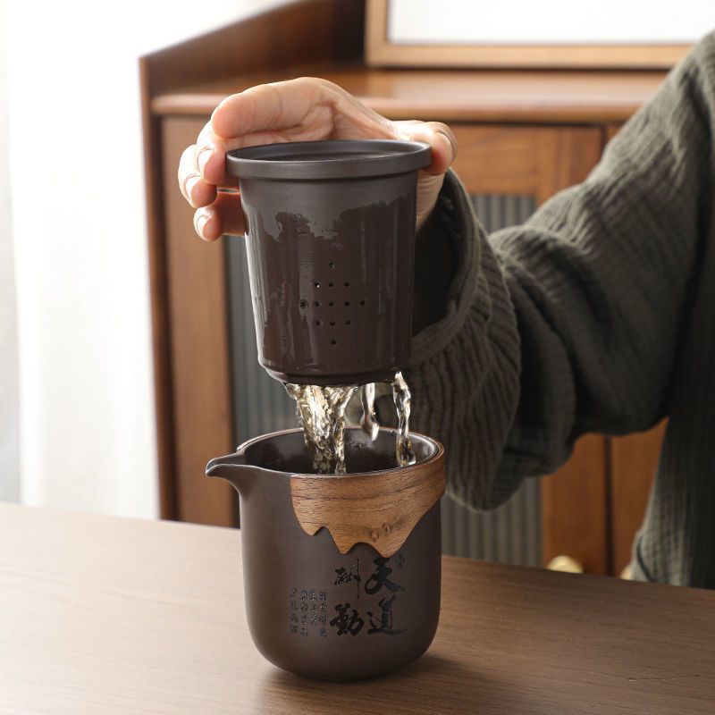 Raw Zisha Clay Travel Tea Set – “Tian Dao Chou Qin” Calligraphy | Teapot & 6 Cups